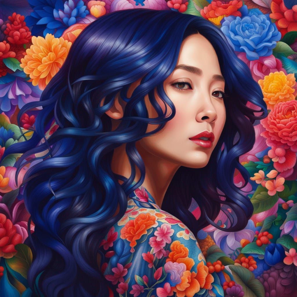 A portrait of elegance, an Asian woman with cascading cobalt tresses stands amidst a kaleidoscope of vivid, resplendent ...