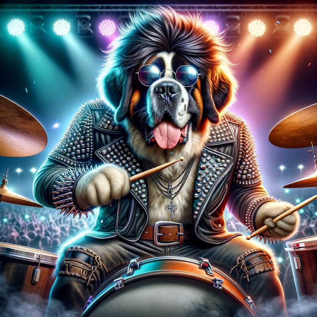 Saint Bernard Dog as Rockstar on Stage