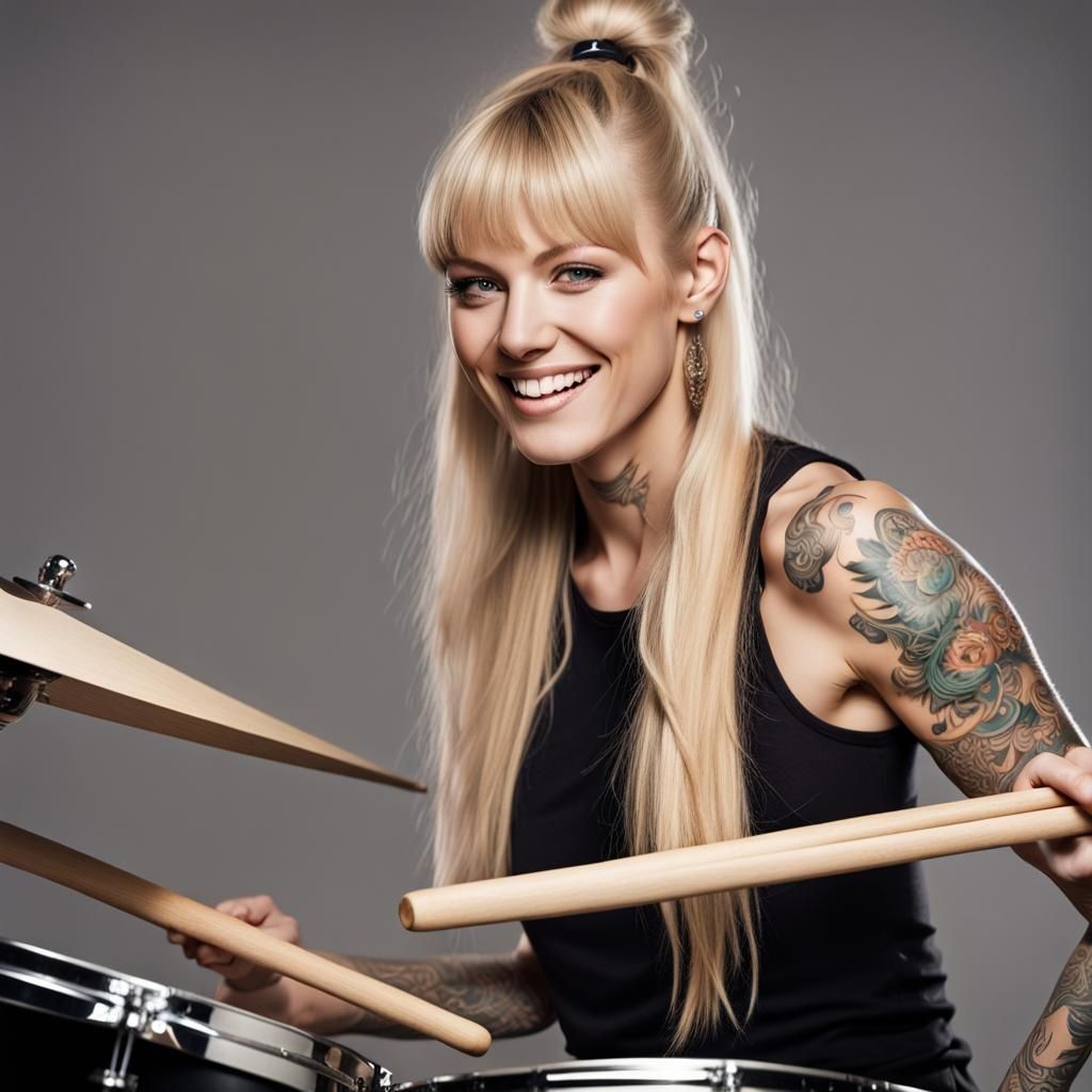 Tattooed Woman with Blond Hair Playing Drums