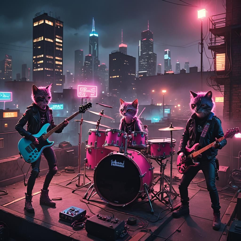 Punk Rock Kitty Band on Rooftop Stage