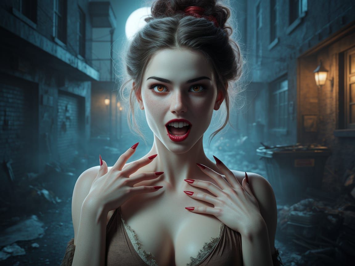 Seductive Vampire Goddess in Moonlit Alleyway