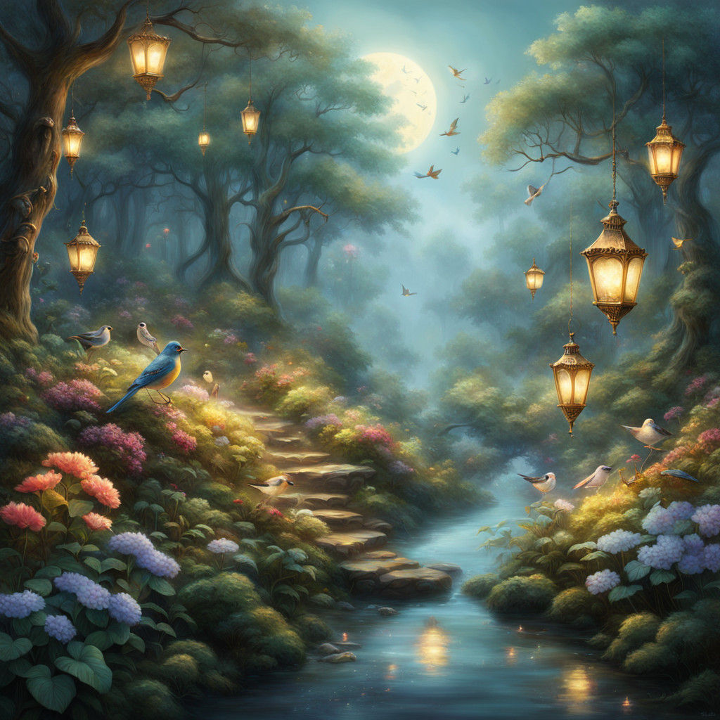 Whimsical Birds in Enchanted Forest