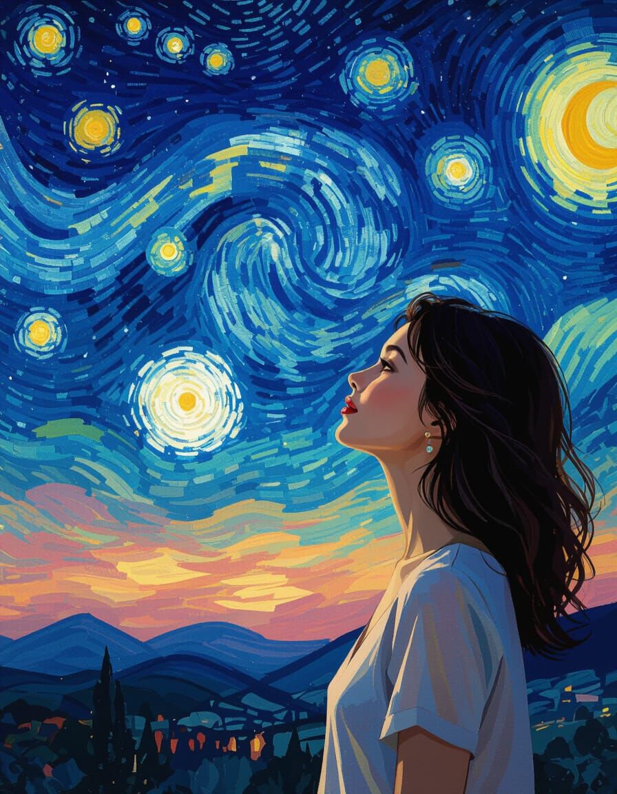Woman Gazing at Starry Night Sky in Impressionist Style