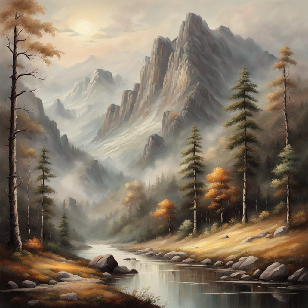 Vintage Mountain Landscape Painting with Earthy Tones