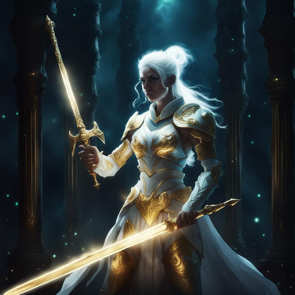White Warrior Woman with Glowing Golden Sword