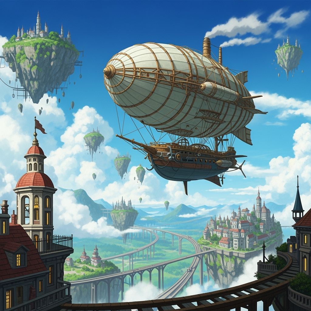 Steampunk Airship Over Floating Islands in Digital Painting