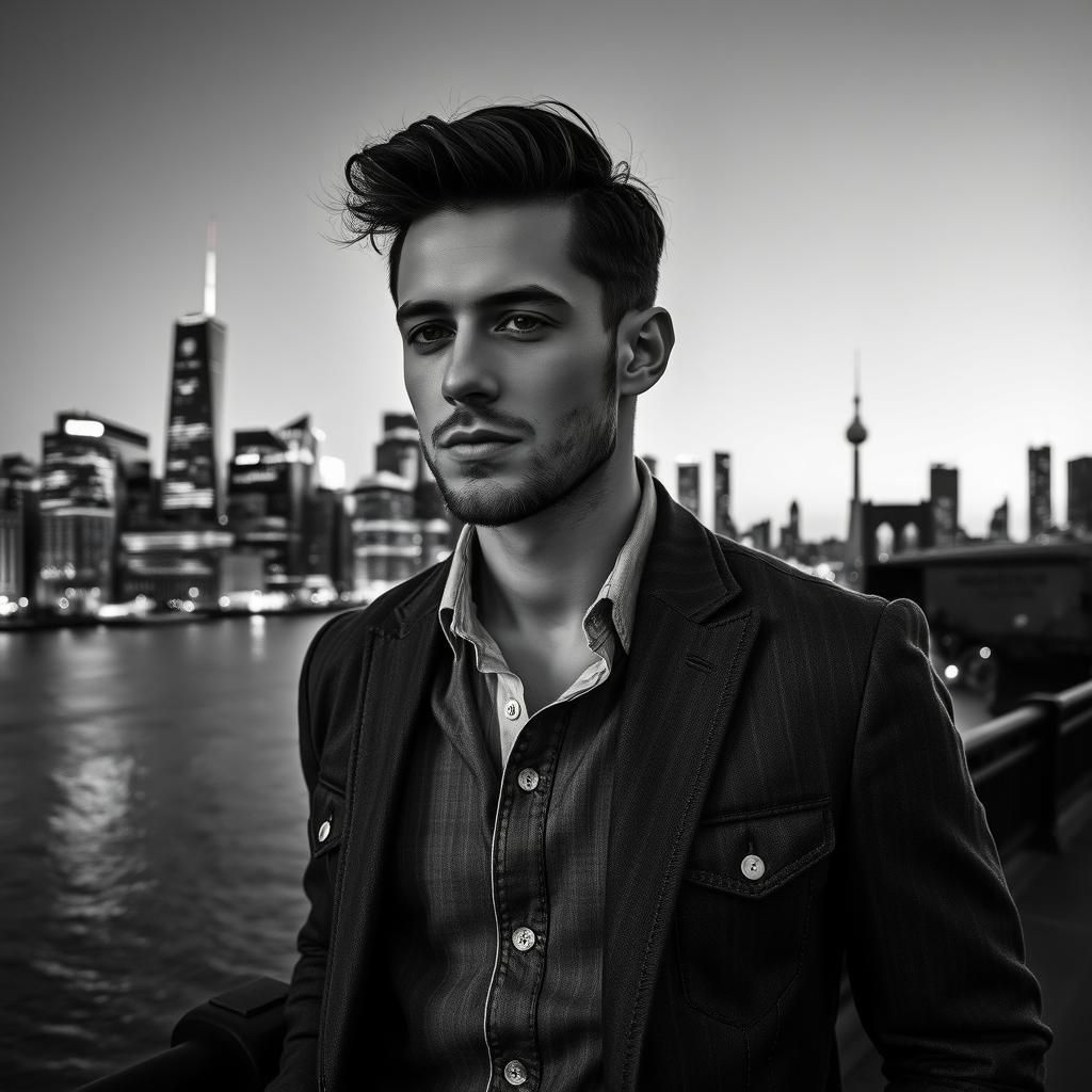 Striking Double Exposure: Cityscape and Denim Man