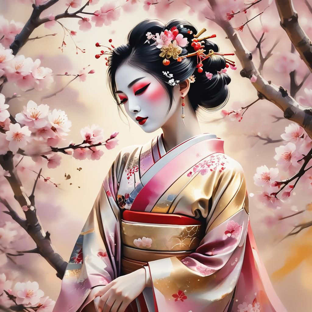 Geisha with Cherry Blossoms in Watercolor Style