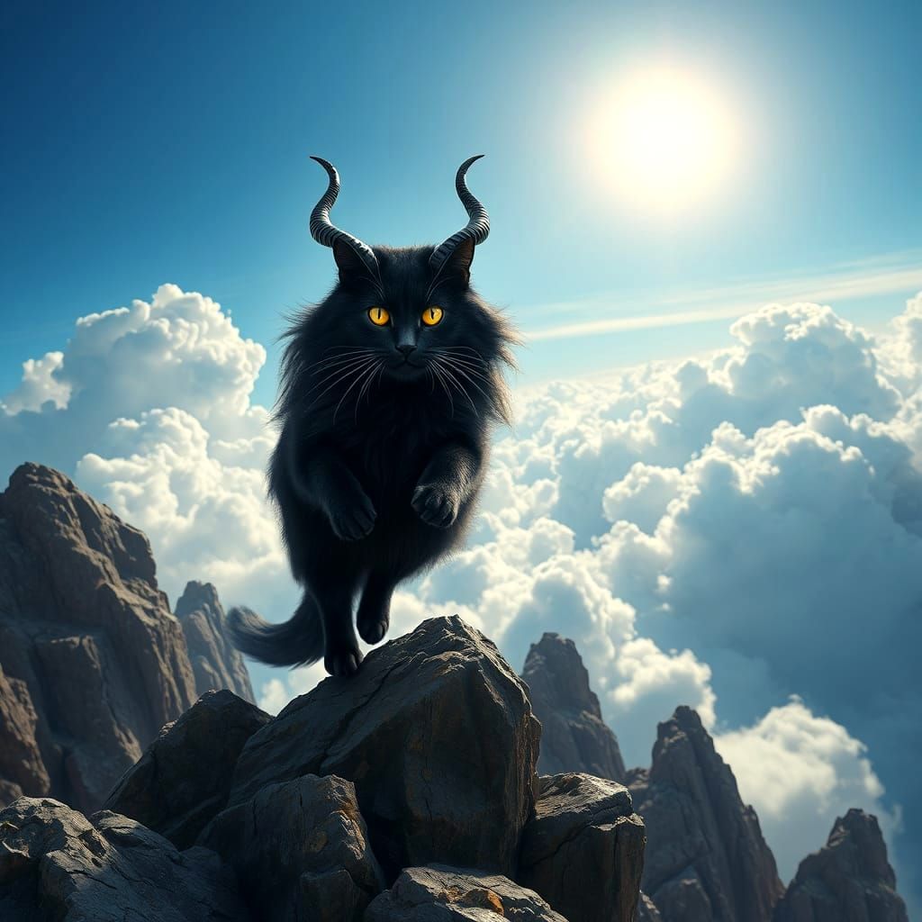Horned Cat Leaps Across Mountain Cliffs