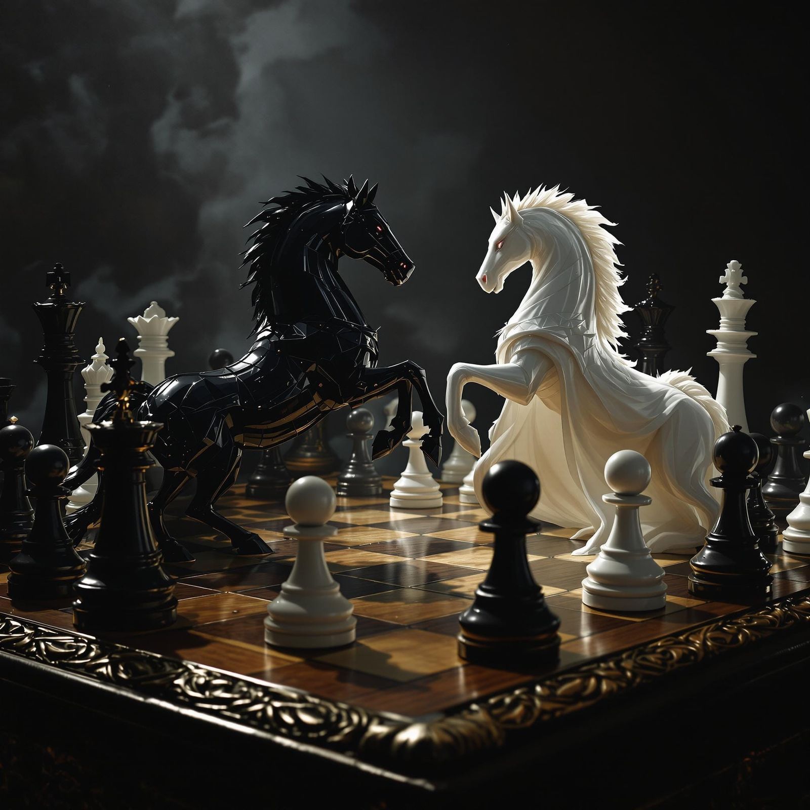 Medieval Knights Engaging in Epic Battle on a Wooden Chessbo...