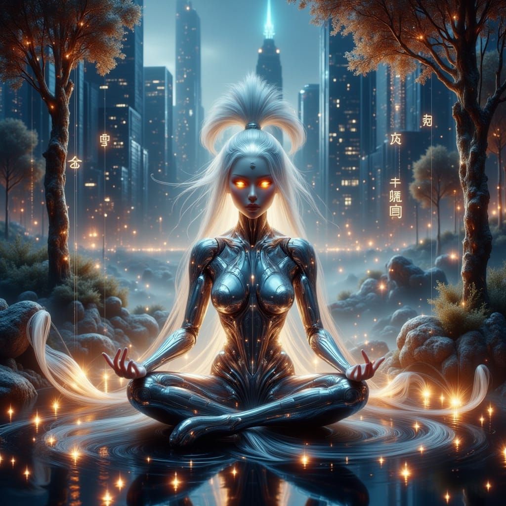Cyber Geisha Meditates in Futuristic Cyberpunk Park