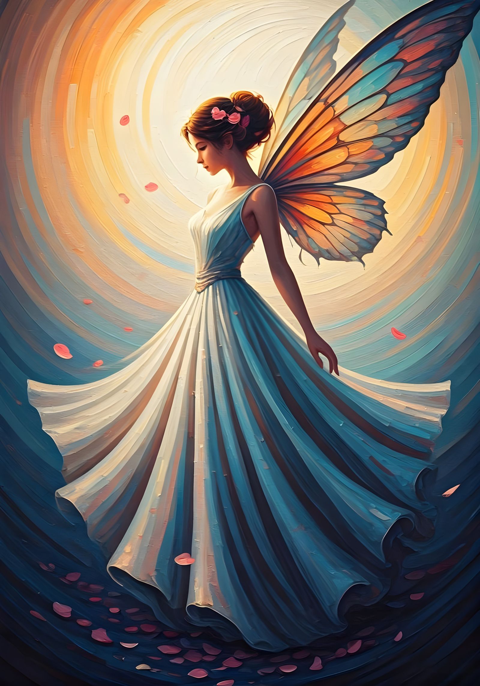 Ethereal Fairy in Silk Gown with Sakura Petals