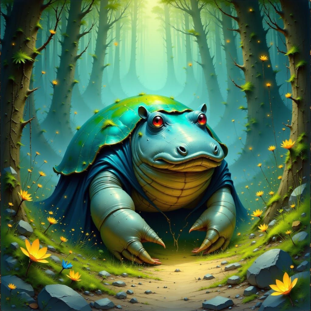 Mystical Crab-Hippo Creature in Ethereal Forest