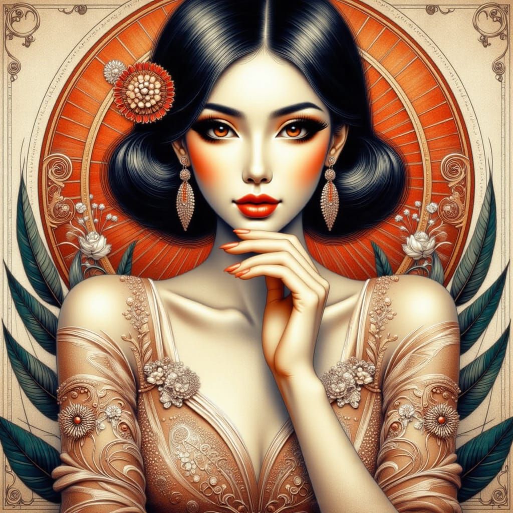 Elegant Japanese Pinup in Art Deco Style