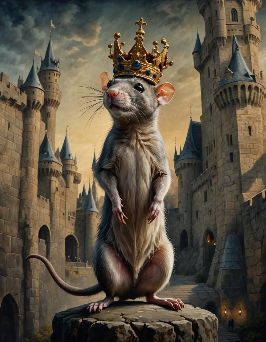 Crowned Rat Gazing at Castle: Surreal Dutch Master