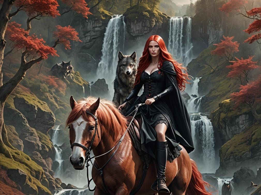 Red Riding Hood on Horseback in Digital Painting