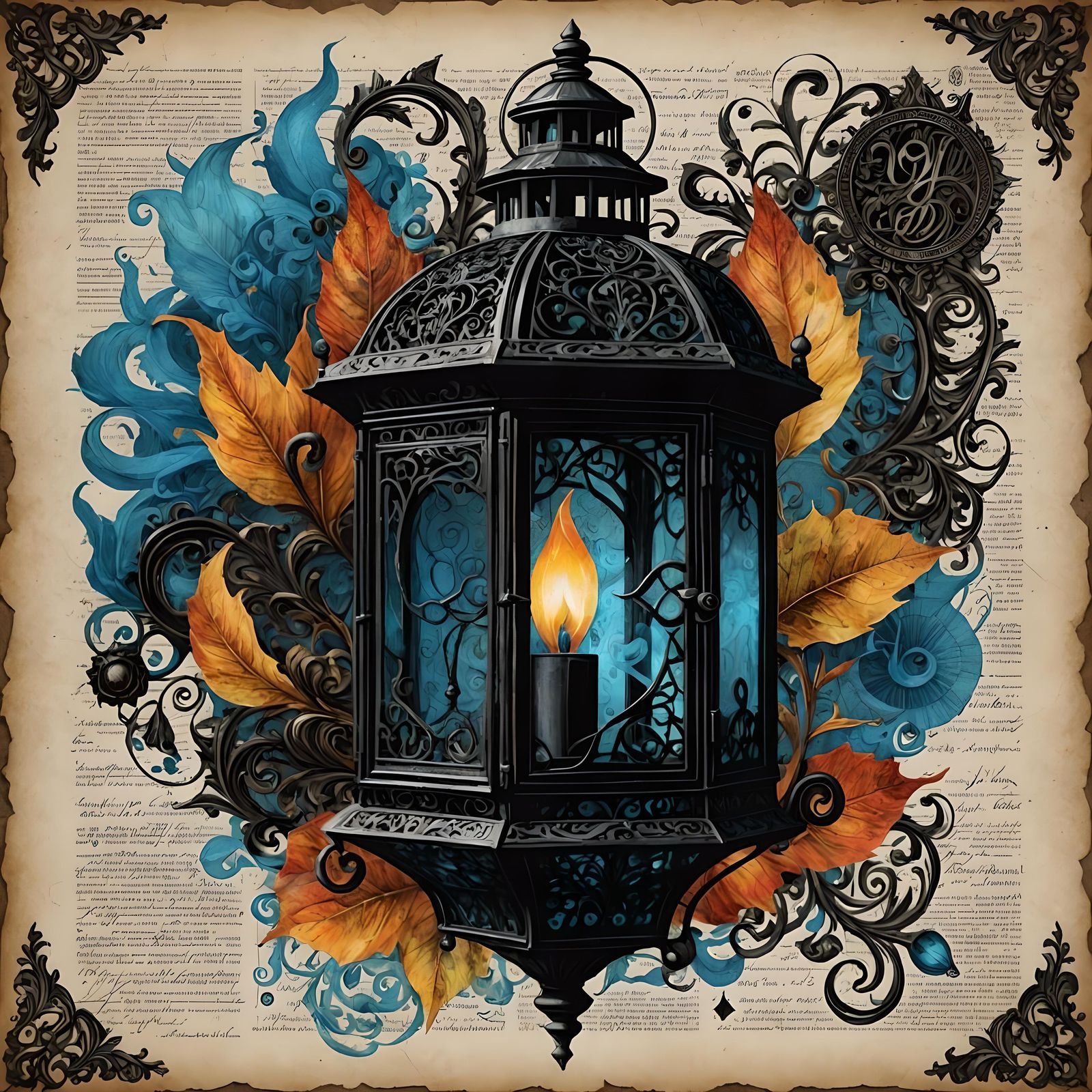 Whimsical Black Lantern Ablaze in Blue Fire