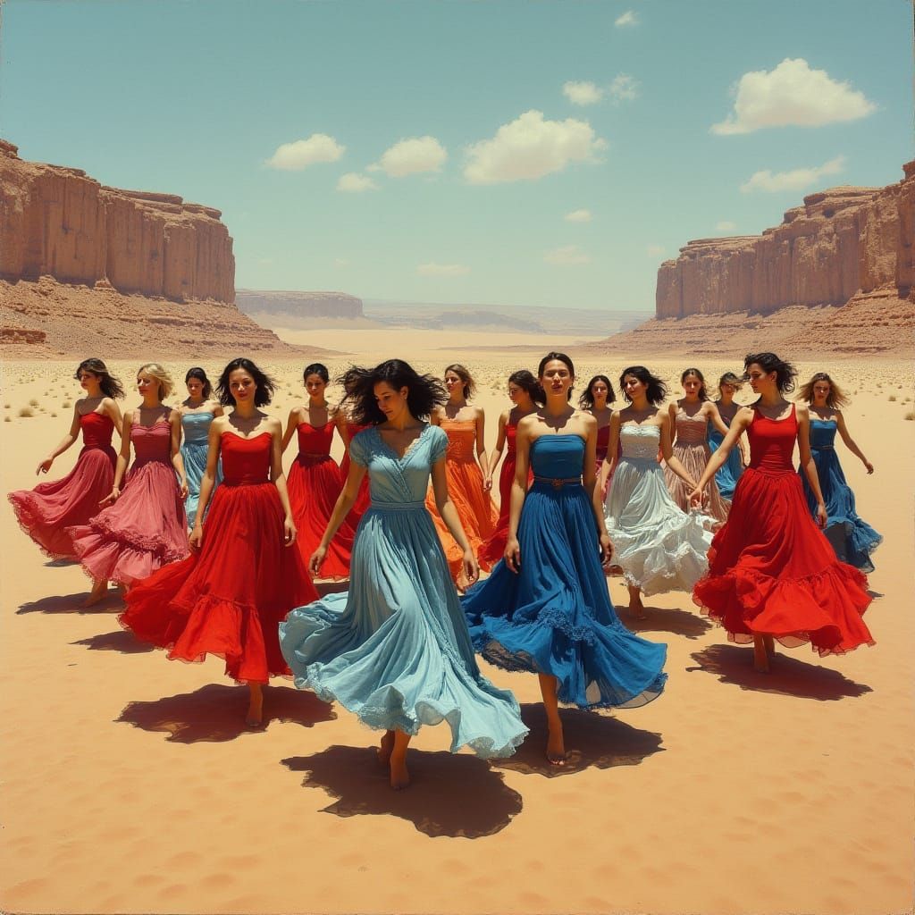 13 Women Dance in Vibrant Red, Blue, and Silver Amidst Deser...