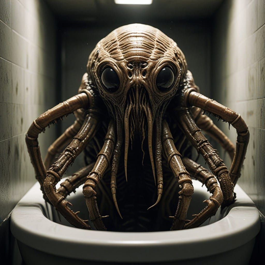 Twisted Facehugger Horror Creature in Murky Toilet Water
