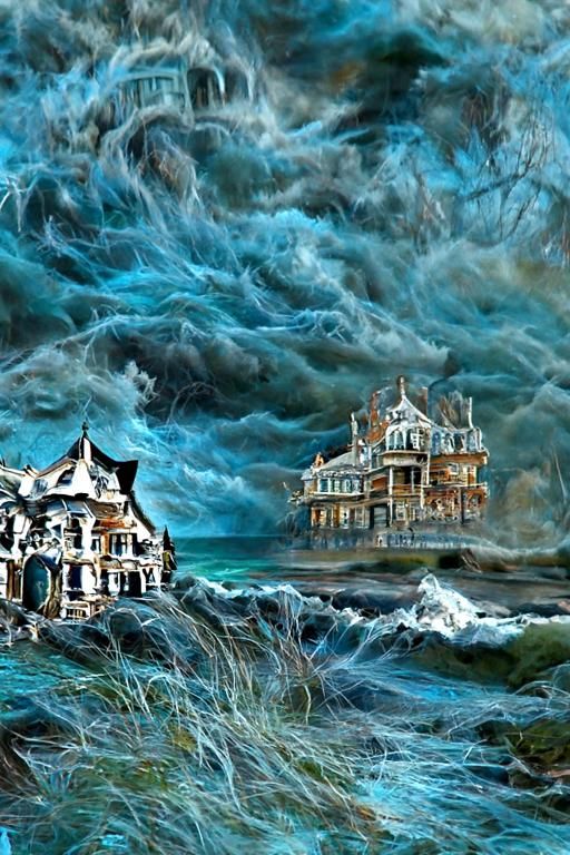 Eerie Victorian House on Ocean in Dieselpunk Style