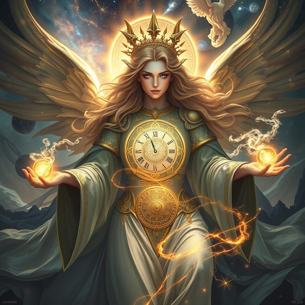 Goddess of Time Manipulating Cosmic Orbs in Ethereal Fantasy...