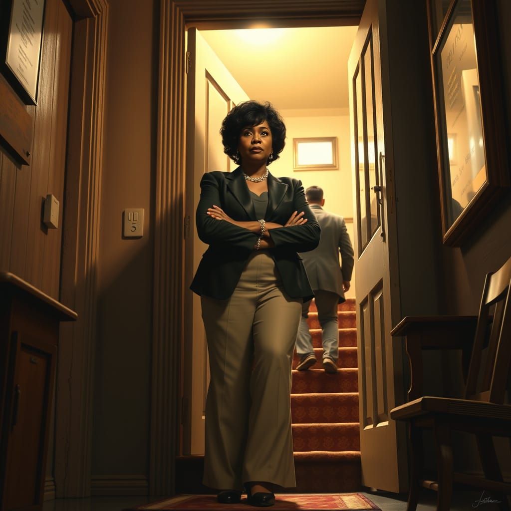 Empowered Woman at Apartment Door in Matte Painting Style