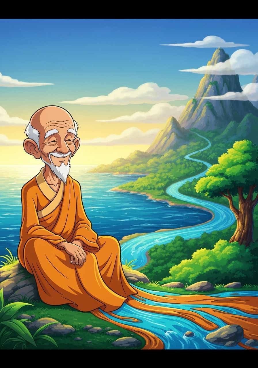 Elderly Monk Merges With River in Whimsical Caricature