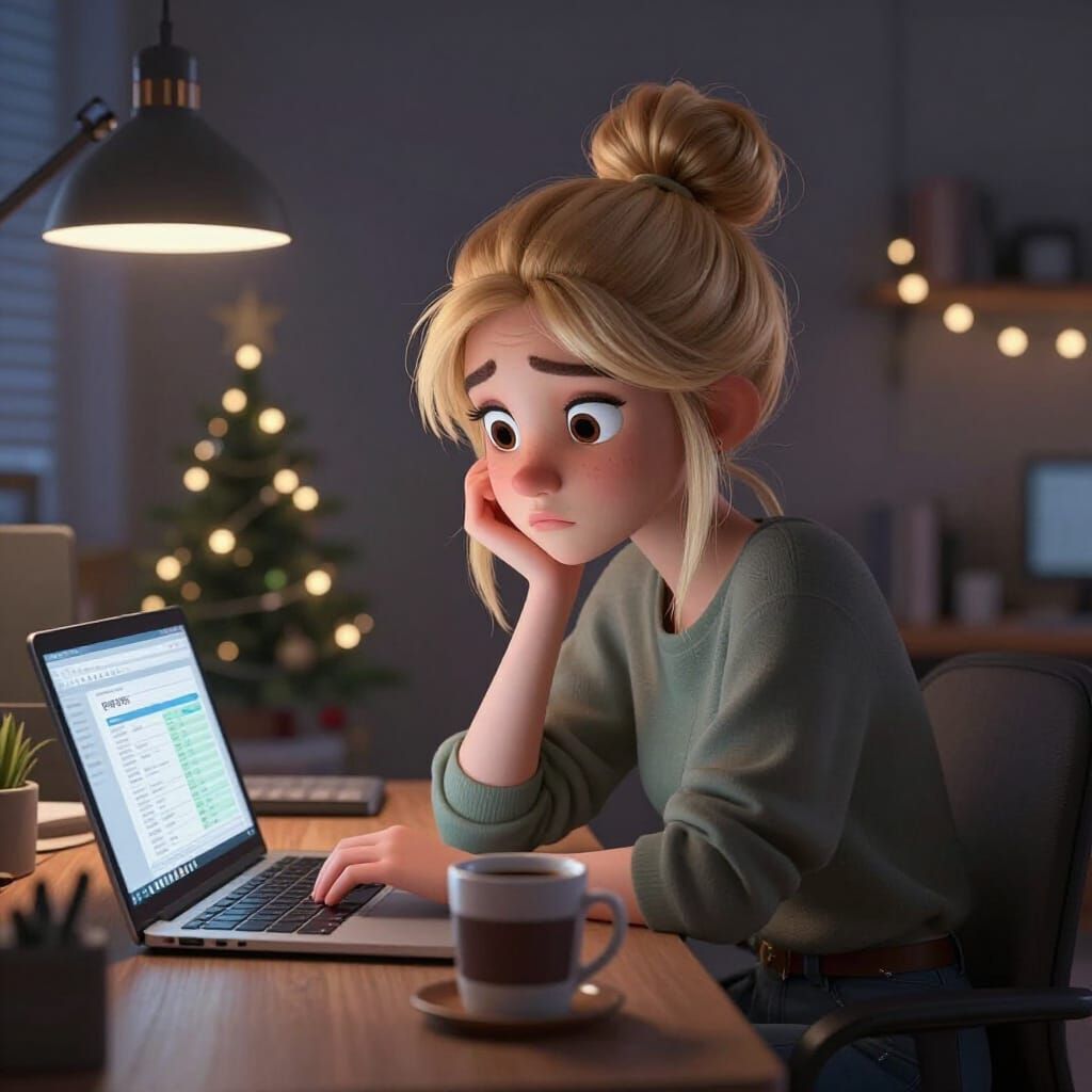 Determined Blonde Woman Works Late on New Year's Eve