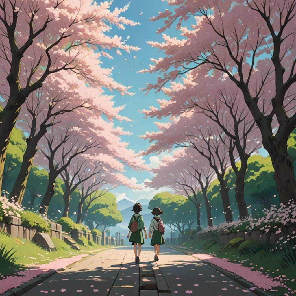 Person Amidst Falling Cherry Blossoms in Serene Fantasy Styl...