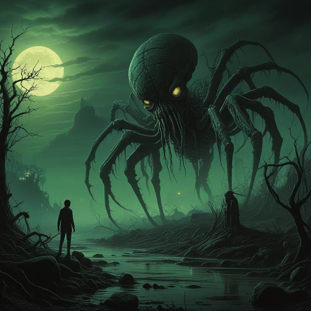 Sinister, Biomechanical Horror Creature with Spider-Like Fac...