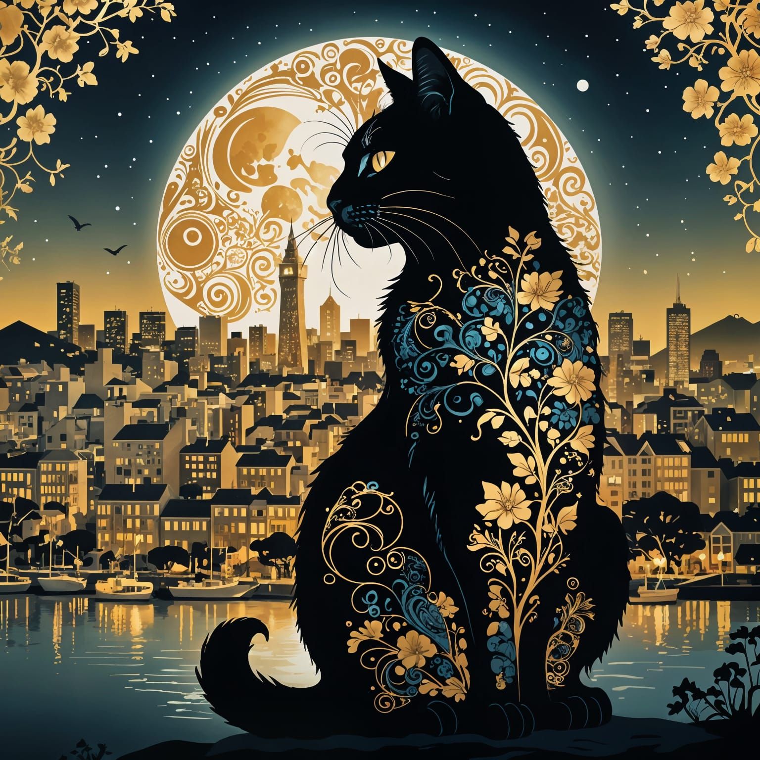 Surreal Cat Silhouette: San Francisco Dreamscape