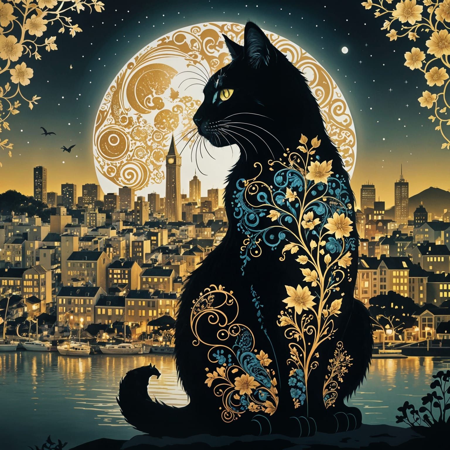 Surreal Cat Silhouette: San Francisco Nightscape