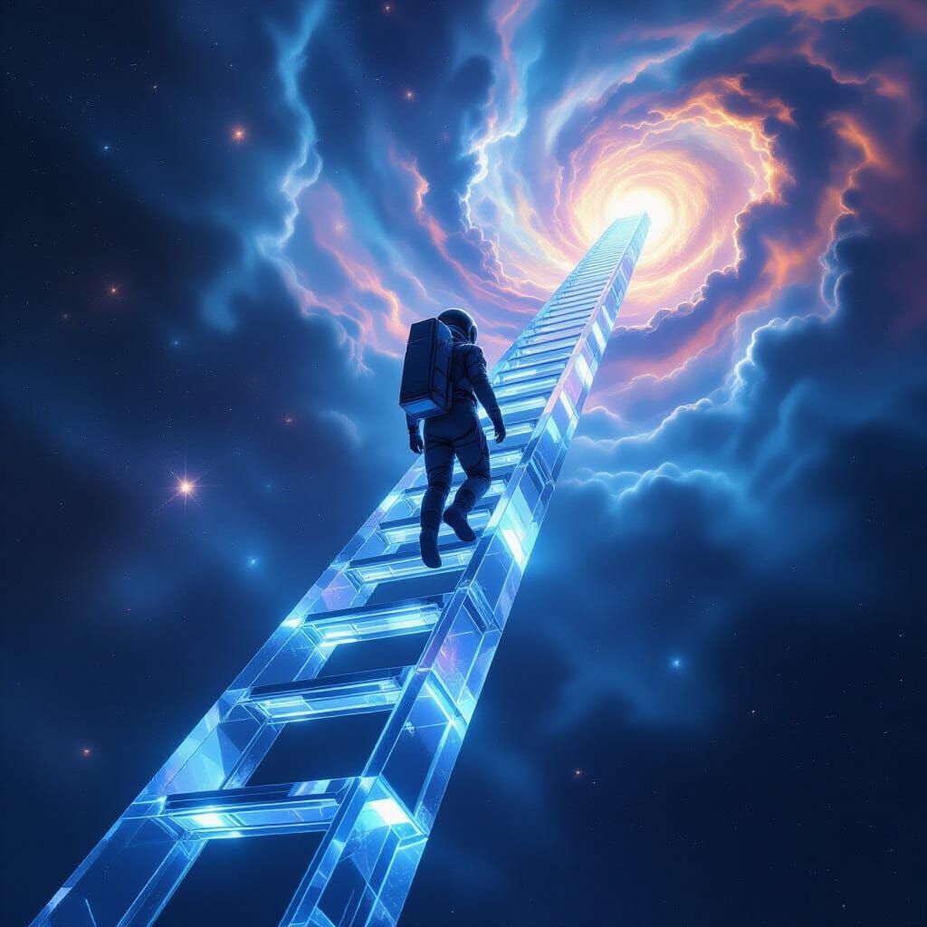 Figure Climbs Crystal Ladder Through Cosmic Nebula