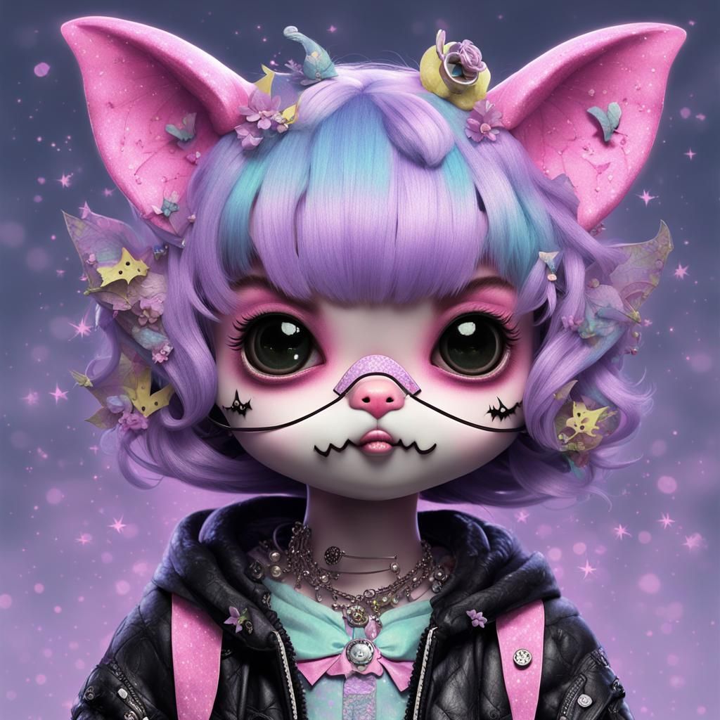 Pastel Goth Sanrio Bat Portrait in Mixed Media