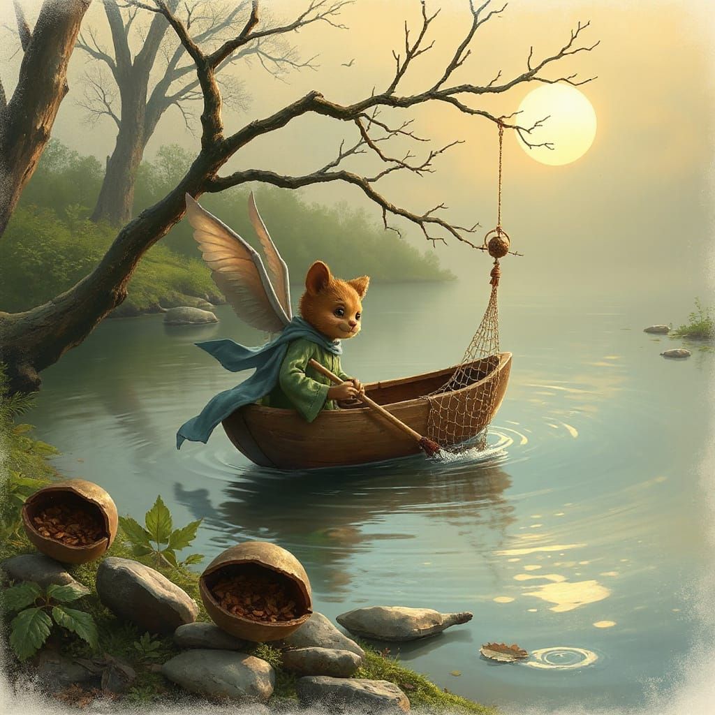 Hob Fishing in Walnut Boat with Magical Net