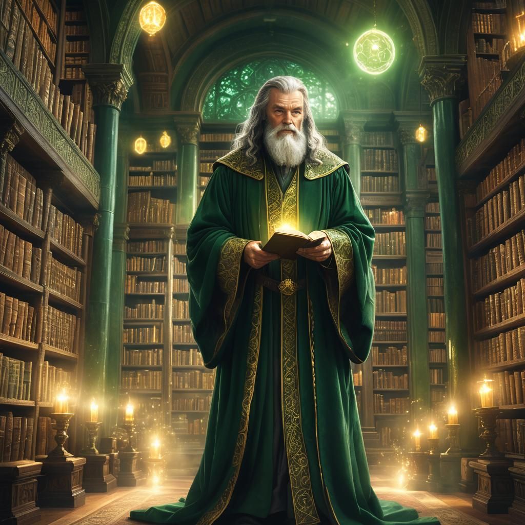 Wise Scholar in Ancient Library: Fantasy Concept Art