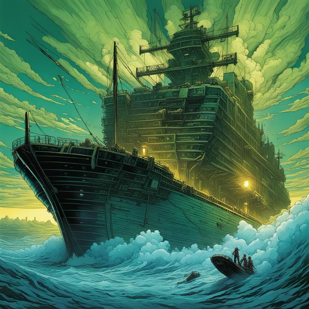 Ship Sails on Blue Ocean in Comic Book Style