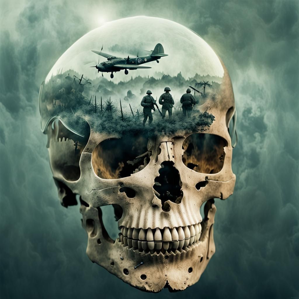 WWII Skull Combat: Dreamlike Double Exposure