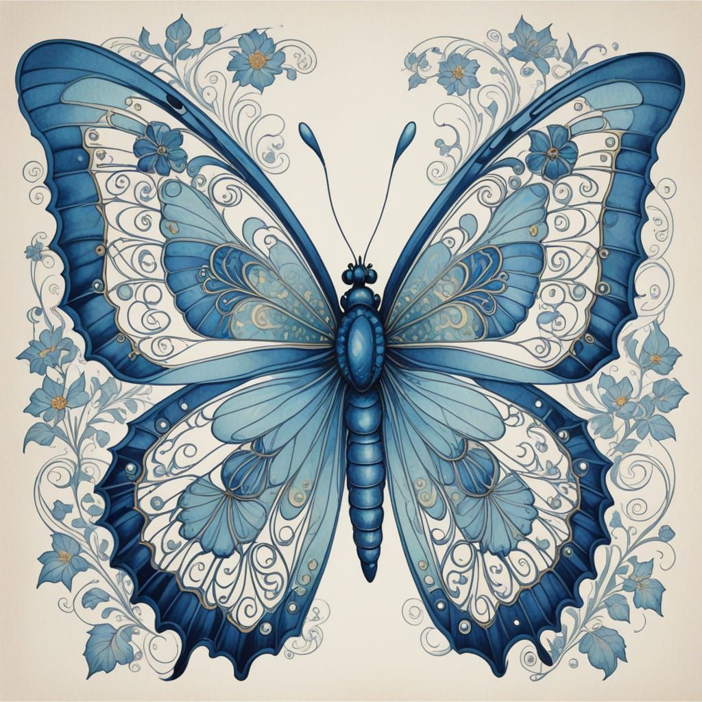 Elegant Art Nouveau Butterfly in Royal Blue