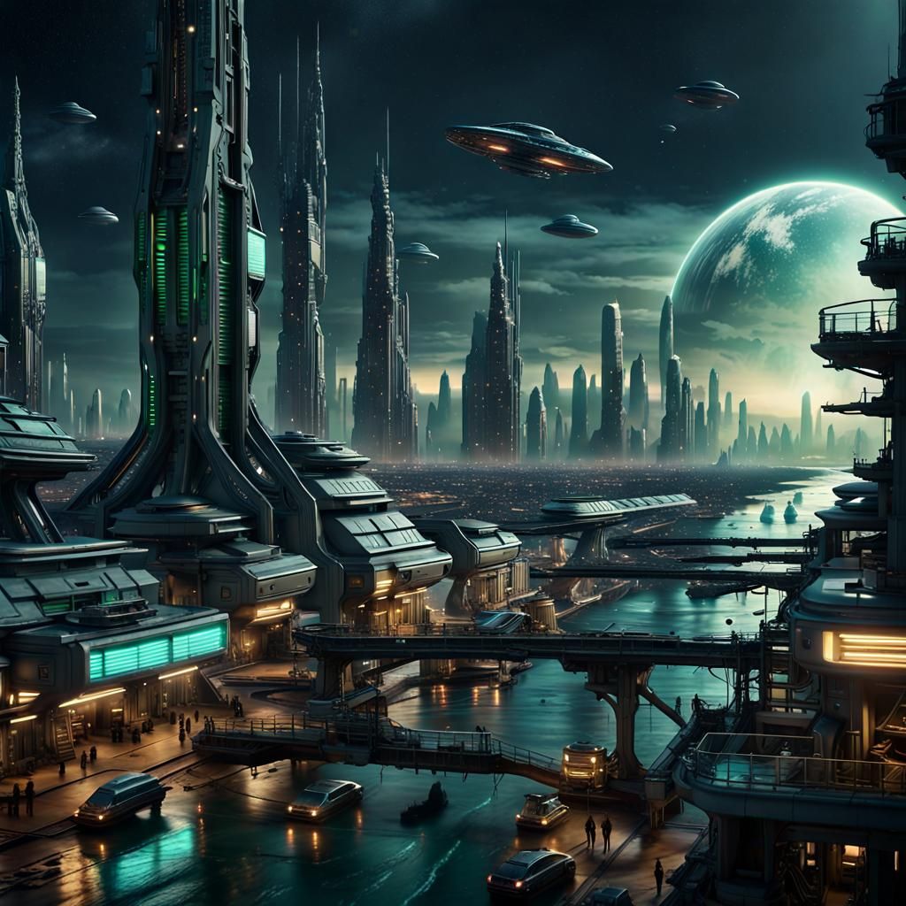 Futuristic City Under Galactic Skies: Digital Matte Painting