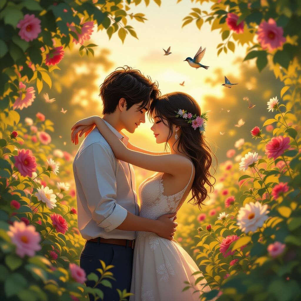 Romantic Anime Couple in Lush Sunset Garden