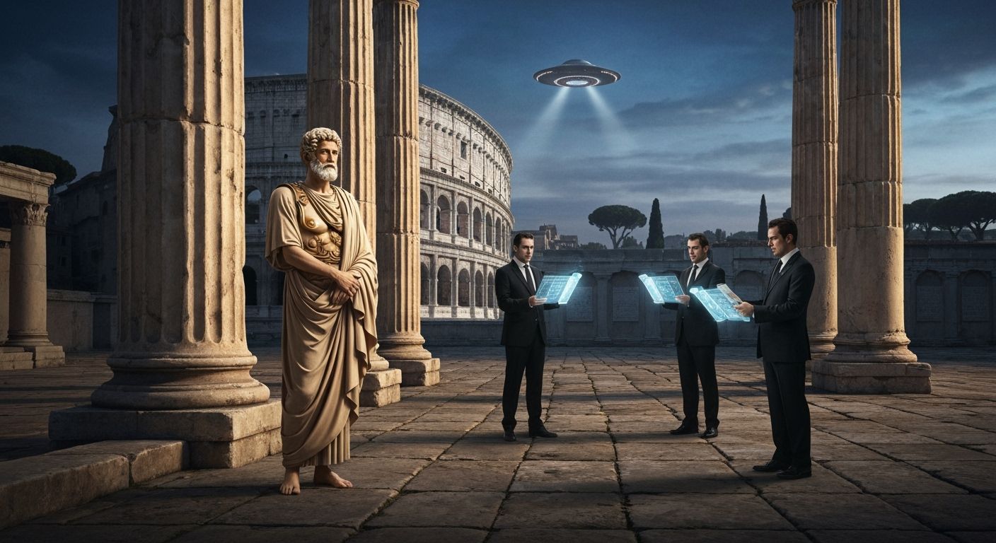 Men in Black Agents Meet Marcus Aurelius in Roman Courtyard