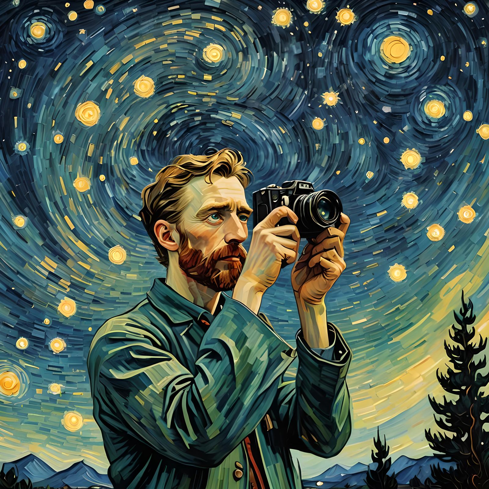 Man with Camera in Starry Night Sky, Van Gogh Style