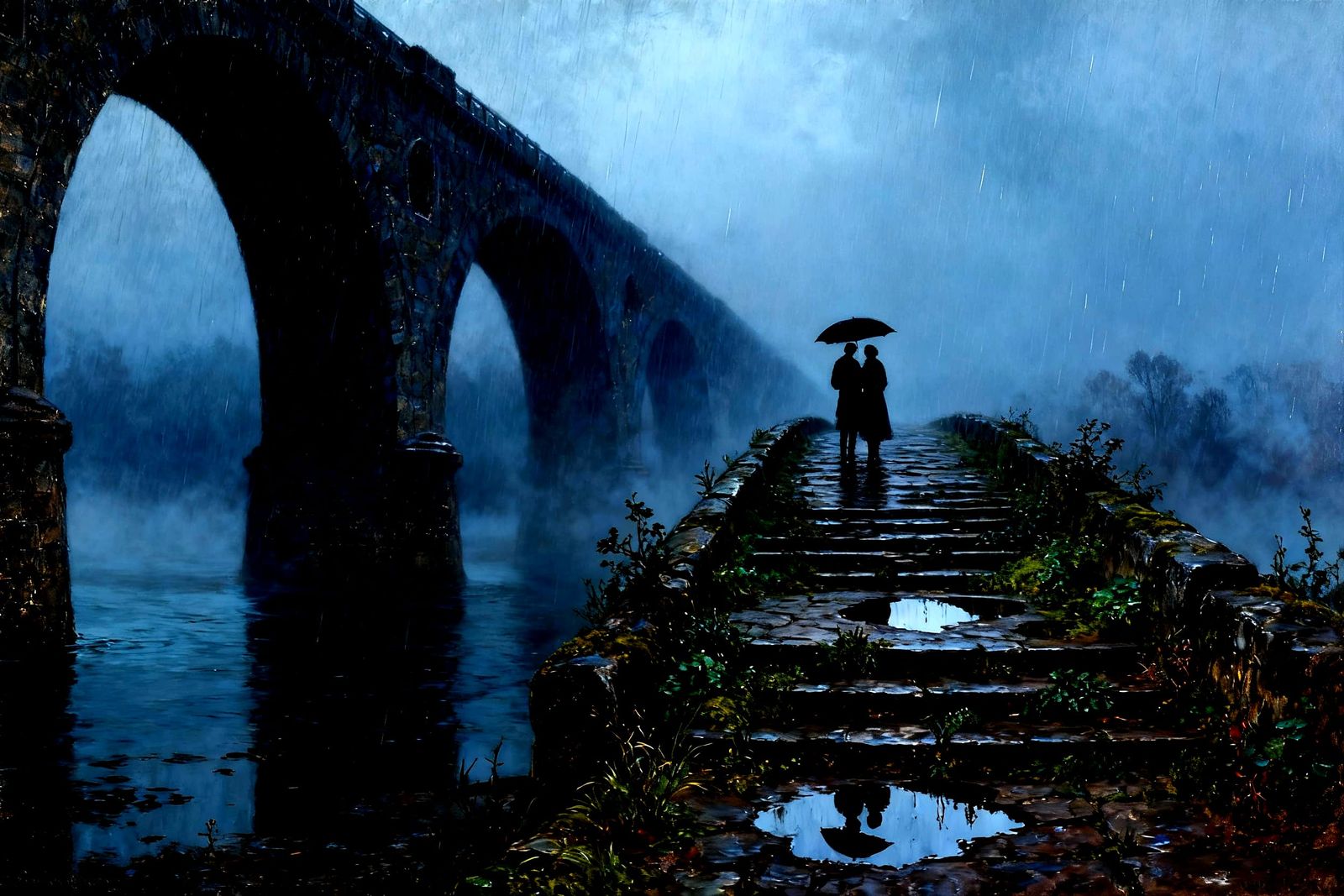 Romantic Spring Rain on Stone Bridge at Dusk