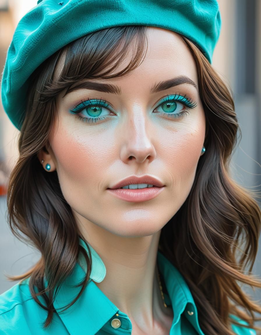 Beautiful Brunette in Turquoise Beret Portrait