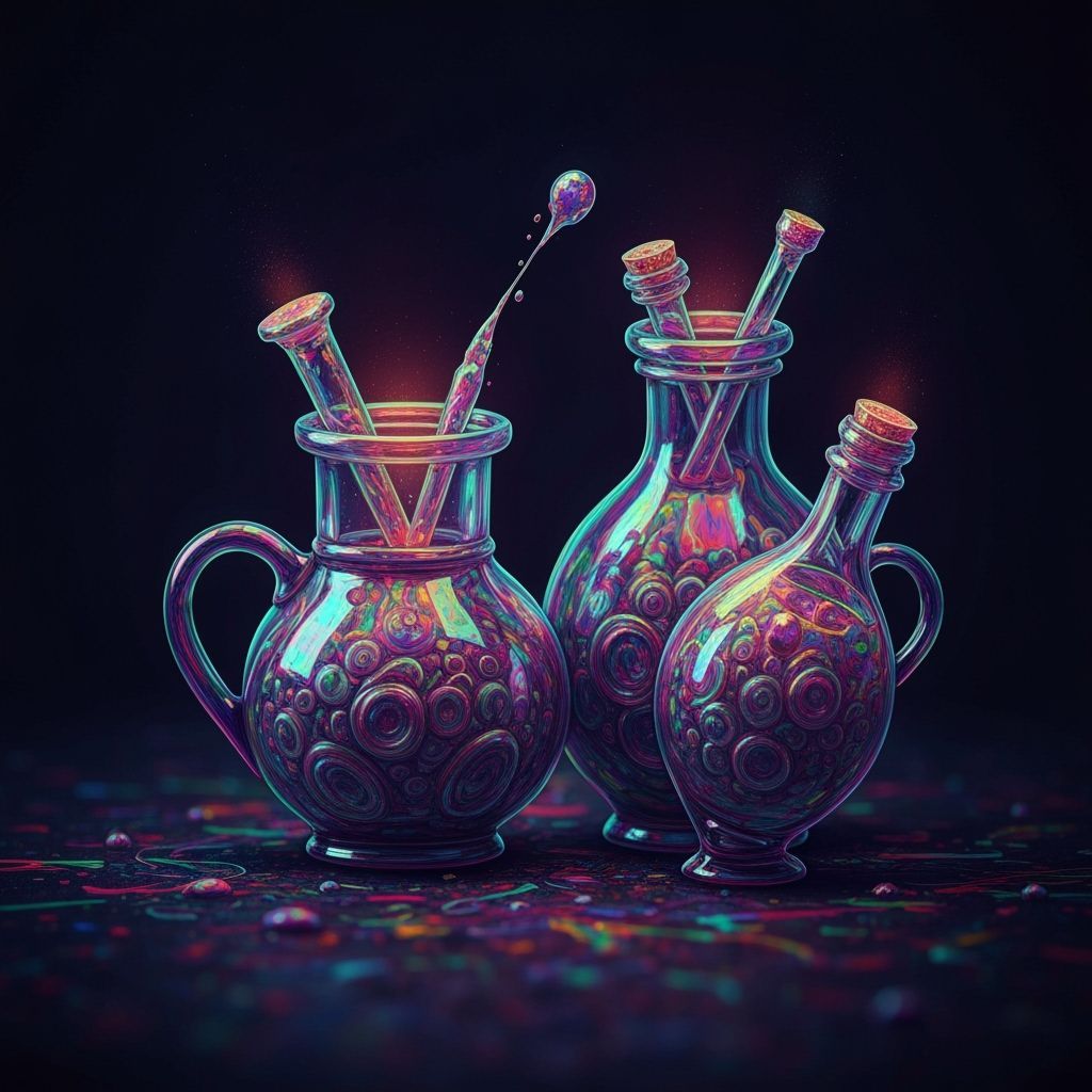 Vibrant Psychedelic Potions in Moody Graffiti Art Style
