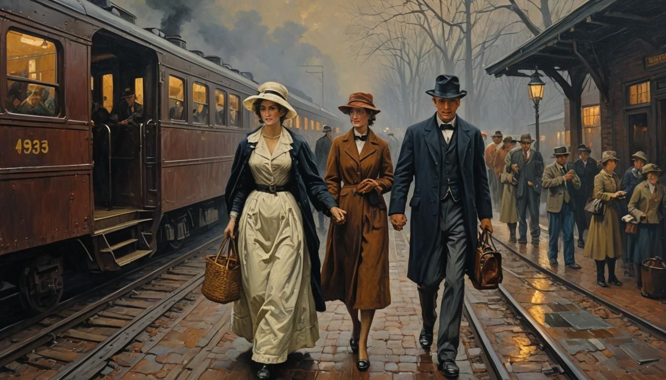 Woman's Midnight Train Departure: Impasto Oil Painting