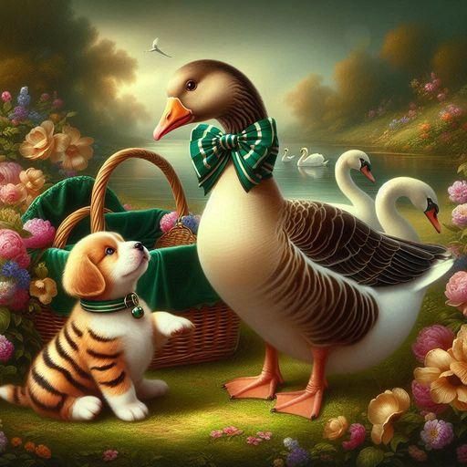 Goose and Puppy Friends in Emerald Field