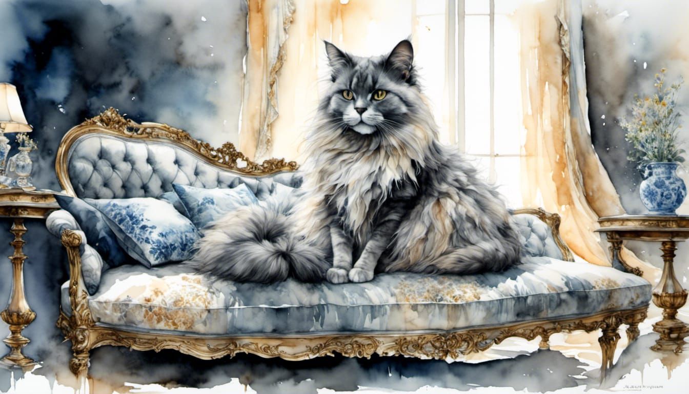 Pastel Plush Cat on Velvet Cushion in Watercolor Style