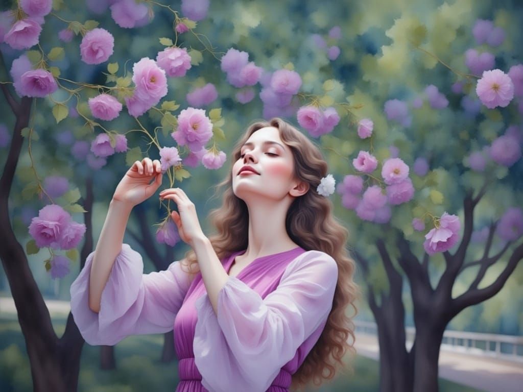 Whimsical Watercolor Scene of a Young Girl in a Floral Parad...